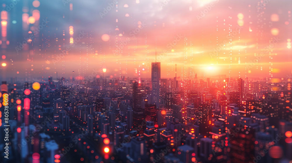 Fototapeta premium Dawn breaks over a silicon city, buildings with light strips and digital weather forecasts on surfaces, future of urban life