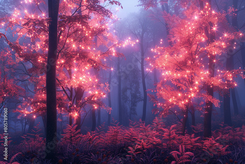 Neonlit trees with starshaped leaves in a mystical forest, glowing softly in a dreamy, otherworldly landscape photo