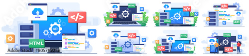 Set of modern flat illustrations of  application Programming Interface concept, API provides the interface for communication between applications, Software development tool, Internet and networking