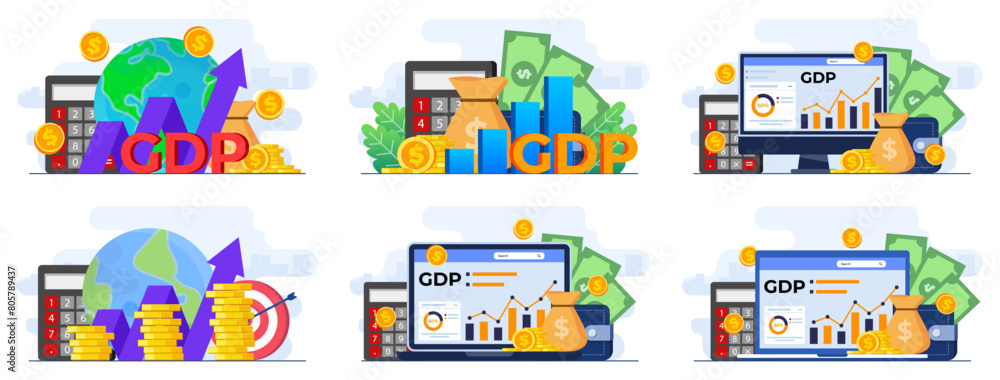 Set of modern flat illustrations of gross domestic product concepts, Stacks of money, National economy, Monetary policy, GDP, Economic Growth, Public finance, Growth graphs and char Set of modern flat illustrations of gross domestic product concepts, Stacks of money, National economy, Monetary policy, GDP, Economic Growth, Public finance, Growth graphs and char
