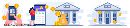 Set of modern flat illustrations of  Online mobile banking and mobile payment, Digital banking, internet money, Savings and finance