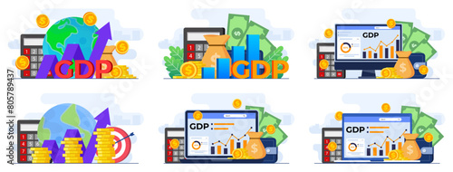 Set of modern flat illustrations of gross domestic product concepts  Stacks of money  National economy  Monetary policy  GDP   Economic Growth  Public finance  Growth graphs and char
