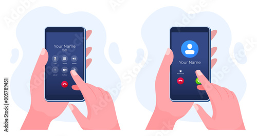 Set of modern flat illustrations call screen interfaces, Mobile phone mockup, Communication, Incoming call, Ongoing call