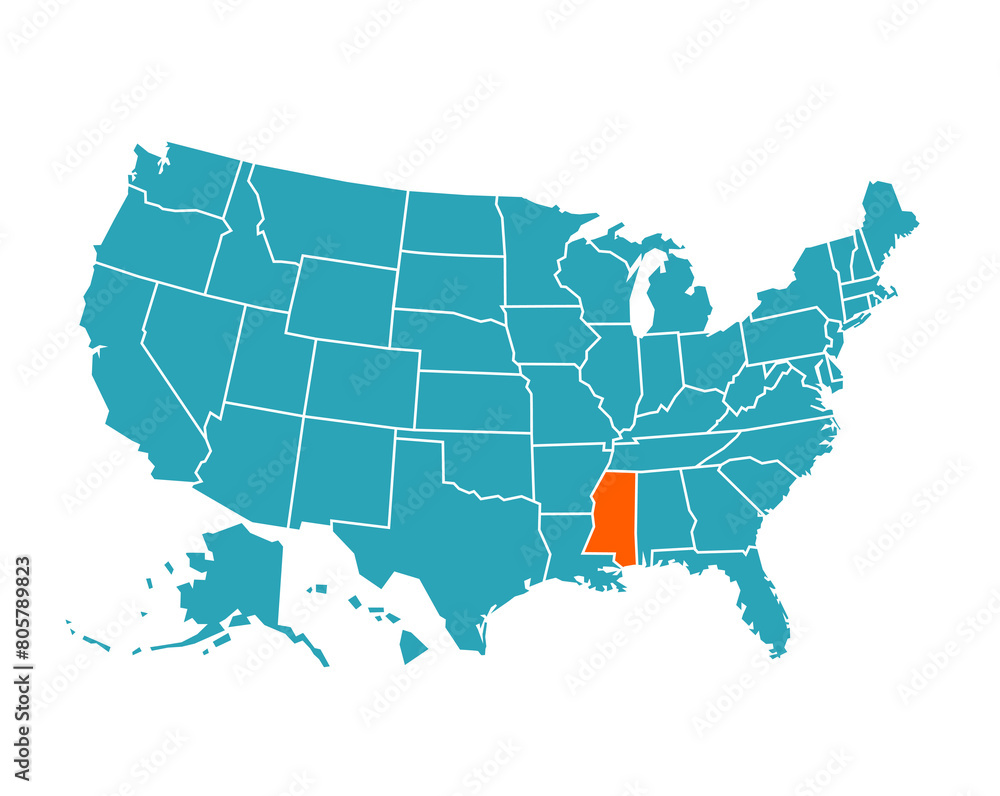 USA vector map with Mississippi map prominent.