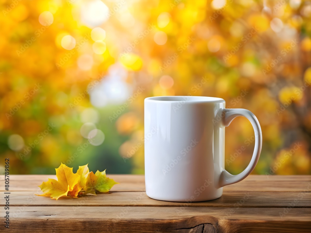 A Blank White Coffee Mug Mockup on a Beautiful Morning Background A Blank White Coffee Mug Mockup on a Beautiful Morning Background