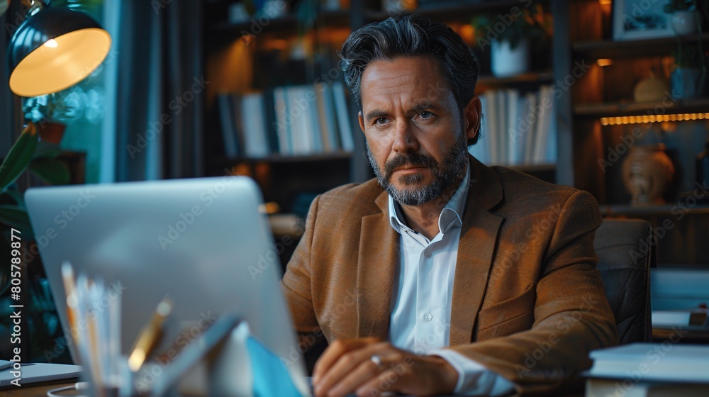 A man is sitting in front of a laptop computer in his home office A man is sitting in front of a laptop computer in his home office