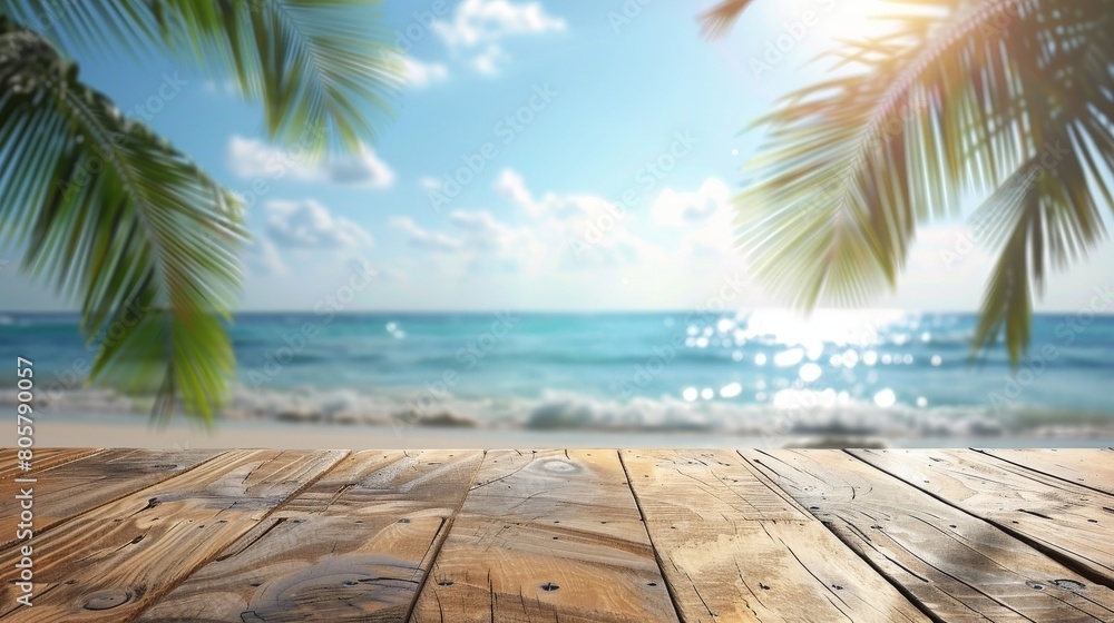 top of a wooden table with a seascape and palm leaves in the background top of a wooden table with a seascape and palm leaves in the background