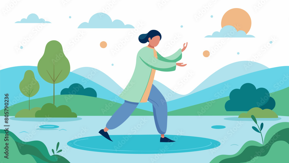 An individual standing near a pond softly swaying their body back and forth as they practice qigong movements.. Vector illustration An individual standing near a pond softly swaying their body back and forth as they practice qigong movements.. Vector illustration