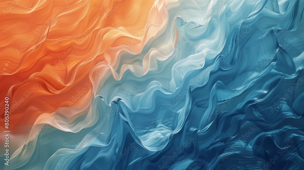 Obraz premium the tranquil allure of abstract waves washing over an orange, blanc, and blue background, their gentle undulations and soft hues captured with exquisite realism by an expertly calibrated HD camera