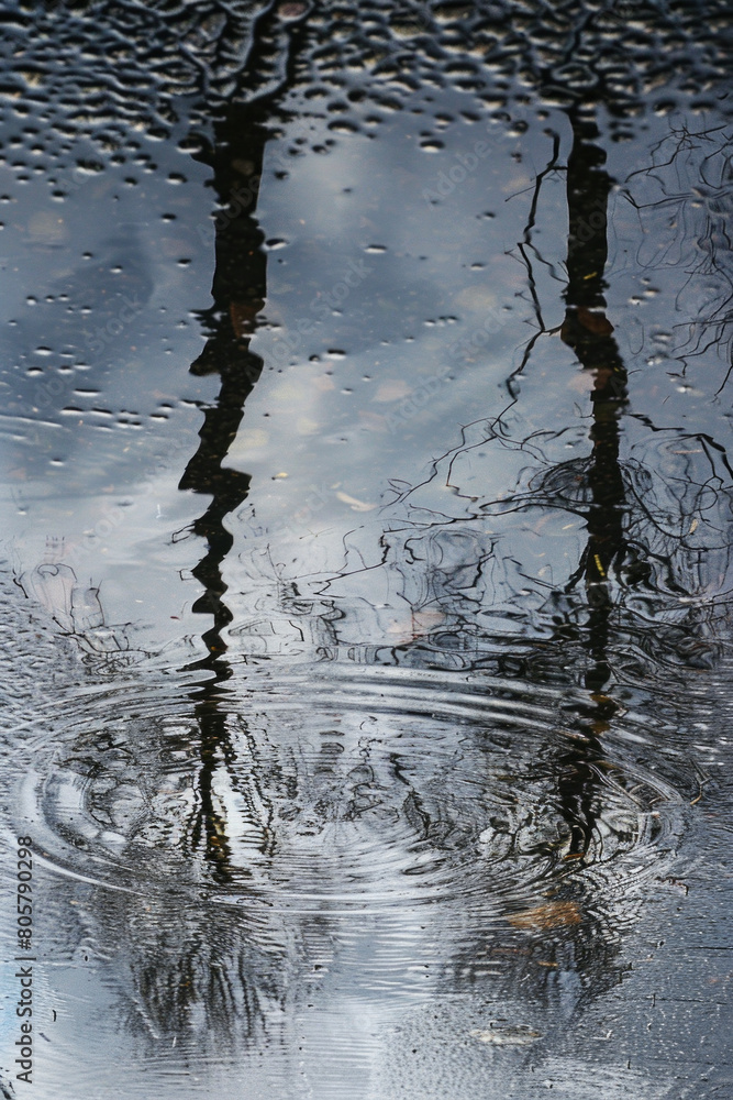 Obraz premium Distorted reflections of trees in a rainwater puddle, with their fragmented forms and rippling surfaces 