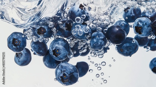 Plump blueberries tossed into a pool of water, their deep indigo hues contrasting strikingly with the liquid as they create delicate splashes against a bright white background.