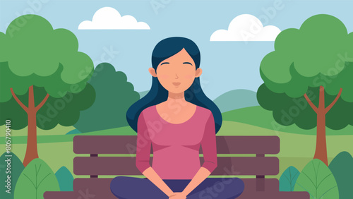 A woman sitting on a park bench her eyes closed and a serene expression on her face as she uses mindful meditation to find inner peace and calm amidst.