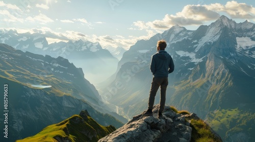 A person looking out over a mountain vista, metaphor for overcoming mental health challenge photo
