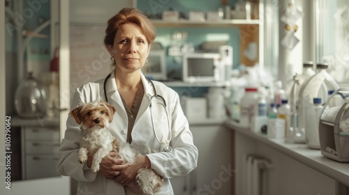 The picture of the adult veterinarian and dog staying in the office of the clinic or hospital that they working in there and take care the canine or other animal also examine them to the cure. AIG43.