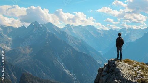 A person looking out over a mountain vista, metaphor for overcoming mental health challenge © AvectStock