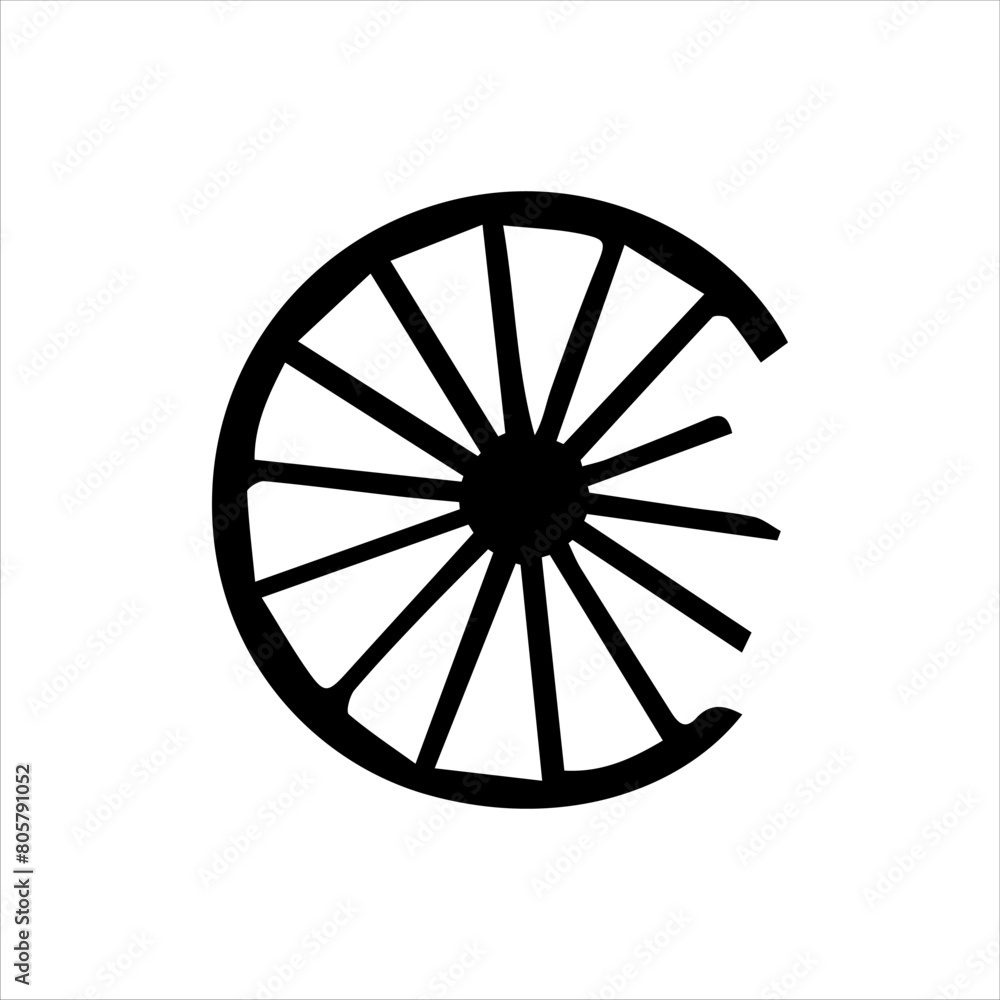 Old wooden broken wagon wheel silhouette isolated on white background. Wagon wheel icon vector illustration.