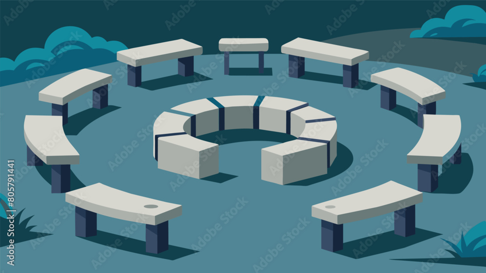 Stone benches situated in a circular formation provide a place for the Stoics to gather and engage in intellectual debates.. Vector illustration