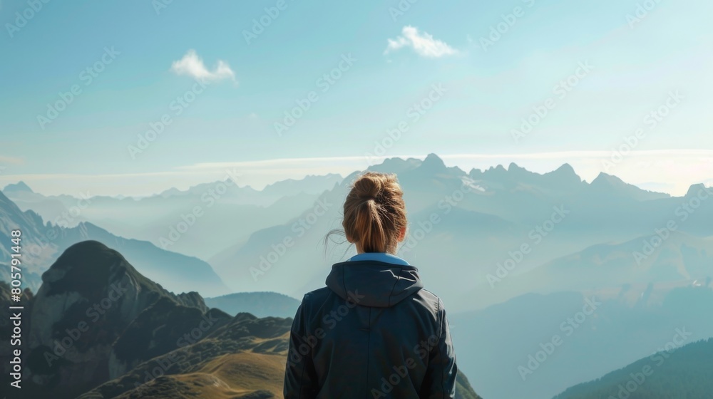 A person looking out over a mountain vista, metaphor for overcoming mental health challenge A person looking out over a mountain vista, metaphor for overcoming mental health challenge