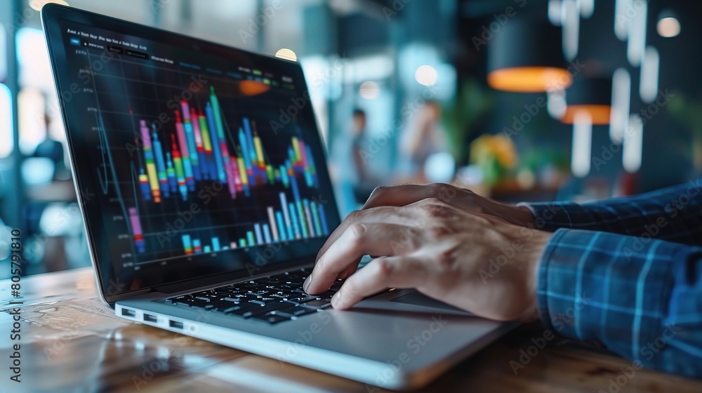A person working on a laptop at a desk with their hands on the keyboard with finance data displayed on his laptop screen A person working on a laptop at a desk with their hands on the keyboard with finance data displayed on his laptop screen