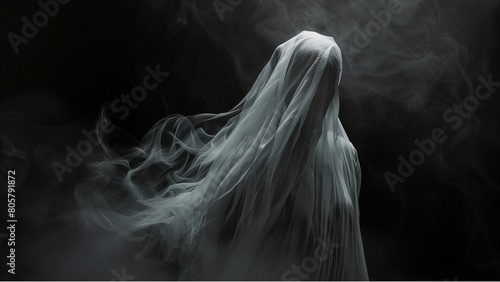 Portrait of a scary ghost isolated on black background with no face visible. Halloween themed projects or horror texts