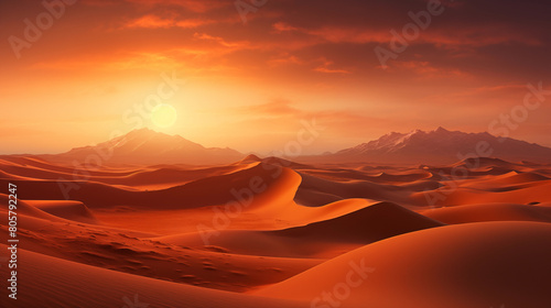 Sunset in the desert. Sand  dunes  mountains and sky. Landscape from nature.