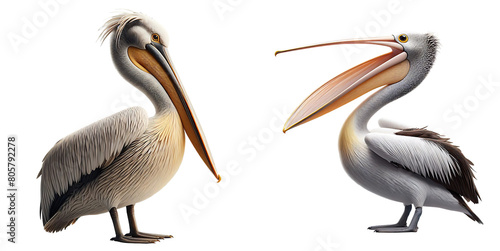 Detailed Set of Pelican Birds Standing with Open Mouth, Isolated on Transparent or White Background