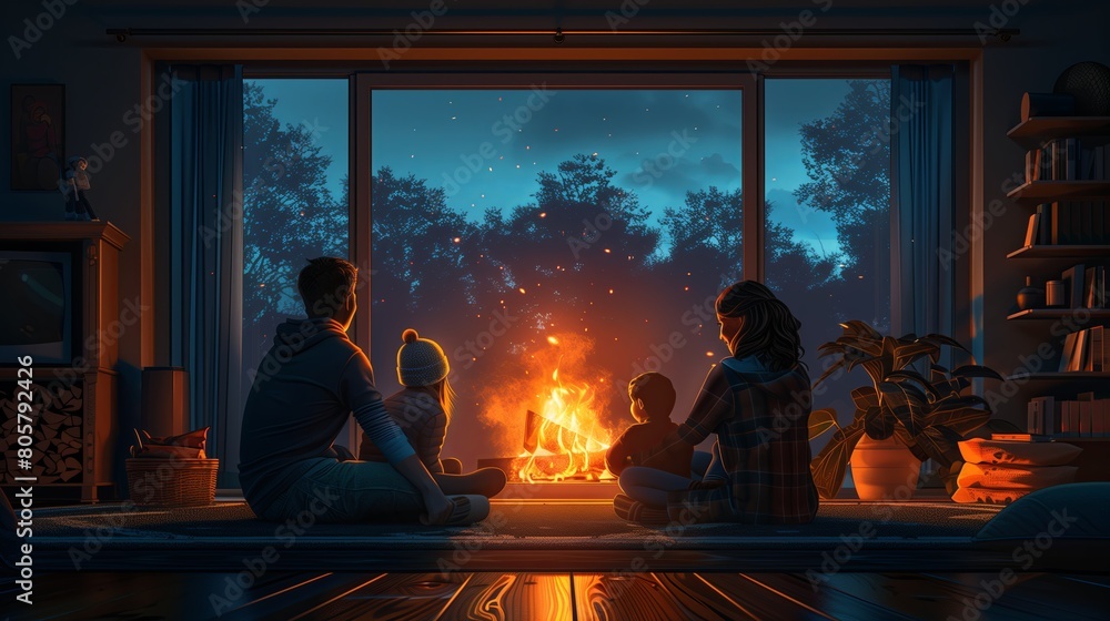 A family sits and chats by a fireplace in the winter to stay warm and happy. A family sits and chats by a fireplace in the winter to stay warm and happy.