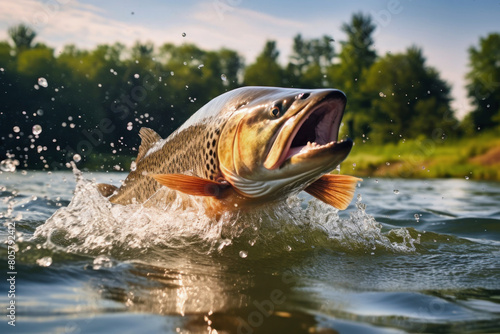 A magnificent large fish bursts out of the water in a spectacular display of agility and power