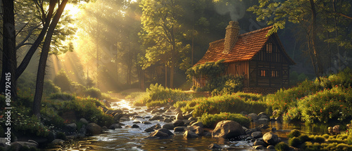 Sunlight filtering through the trees, creating a magical glow around a humble cottage nestled by a bubbling brook