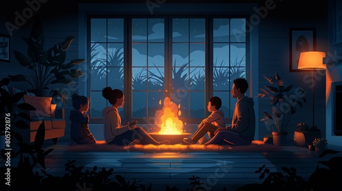 A family sits and chats by a fireplace in the winter to stay warm and happy.