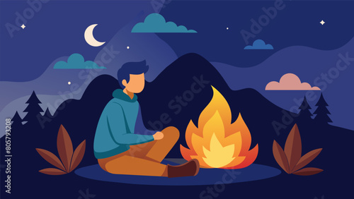 A person sitting by a campfire listening to the crackling flames and feeling a sense of inner peace and contentment.. Vector illustration
