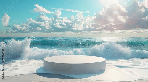 Energetic summer product launch on a 3D podium  sunlit beach with playful sea waves