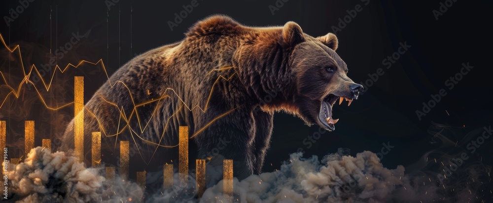 Stock Raging Angry bear roaring amid dramatic stock market crash lines in a modern ...