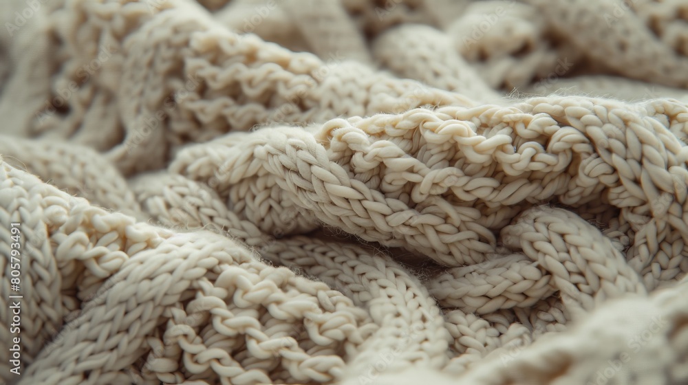   A close-up of a knitted blanket with a knot at one end, and the opposite end of the blanket displayed
