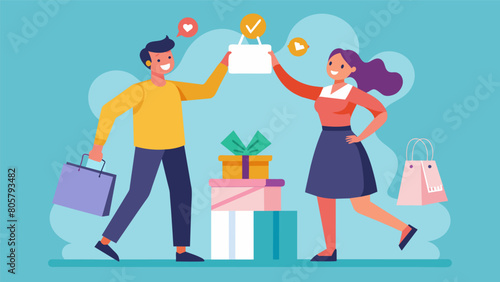 The couple challenges each other to find the best bargain scouring through the clearance section and celebrating their finds.. Vector illustration