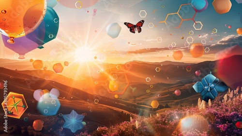 Morning scene over hills with bright liquid colors, hexagonal sky patterns, awakening butterfly, and vibrant sunrise balloons. photo