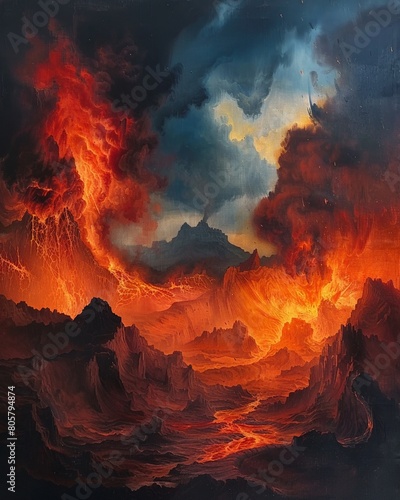 An otherworldly scene of volcanic eruptions spewing molten lava into the sky