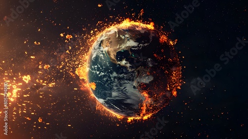 The earth bursts with fire as global warming causes the climate to change, space view of the world burning