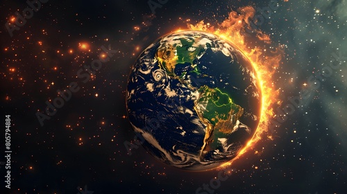 The earth bursts with fire as global warming causes the climate to change, space view of the world burning photo