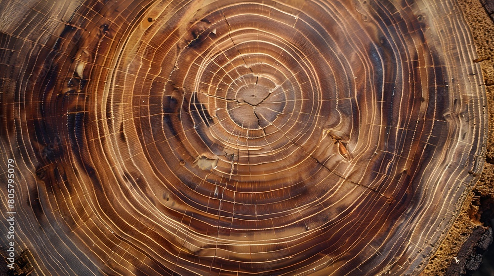Fototapeta premium Old wooden oak tree cut surface. Rough organic texture of tree rings with close up of end grain.