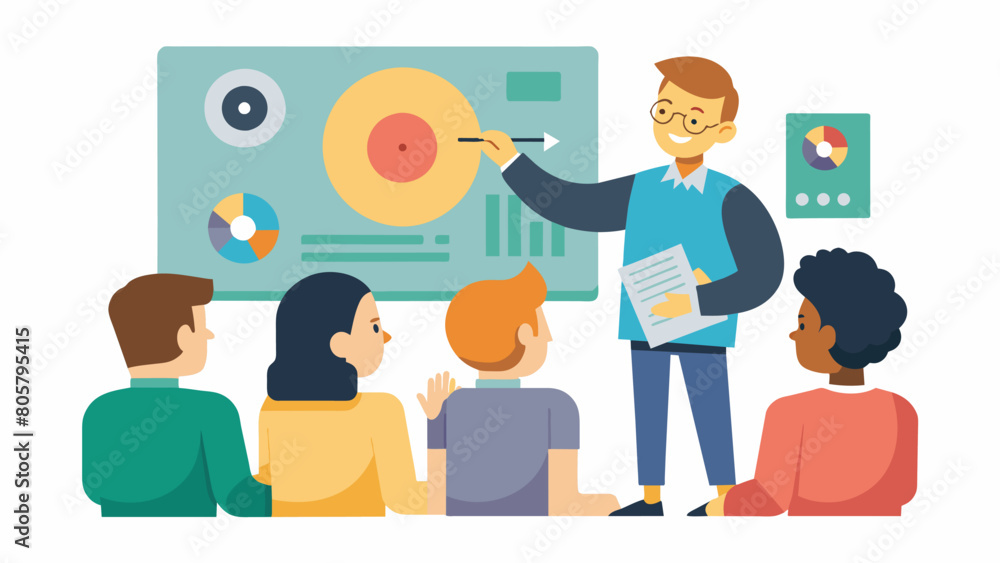 A teacher holds up a diagram of a record player and explains the inner workings of the technology behind vinyl records to a group of curious adults in Vector illustration A teacher holds up a diagram of a record player and explains the inner workings of the technology behind vinyl records to a group of curious adults in Vector illustration