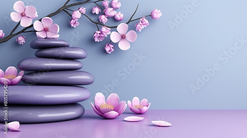  a stack of rocks, a branch bearing pink flowers