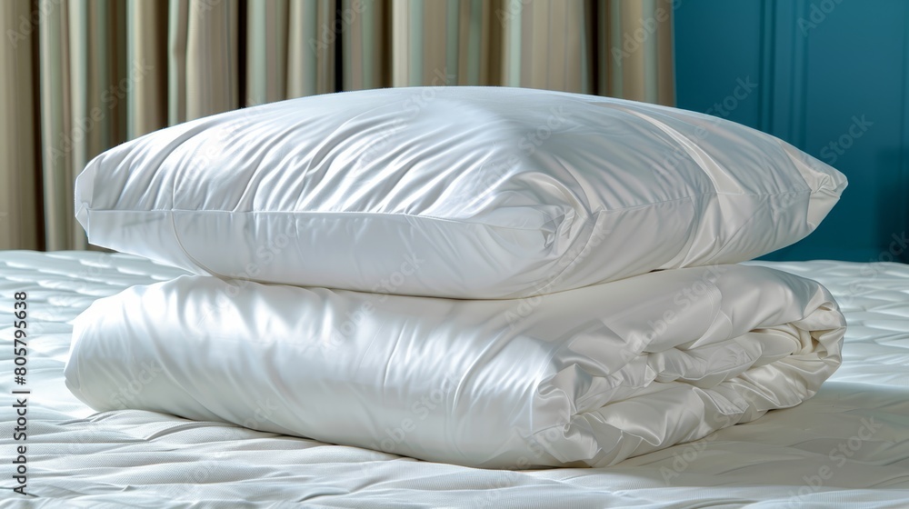 A bed displays a stack of white pillows atop it Blue headboard nearby Curtain in the backdrop A bed displays a stack of white pillows atop it Blue headboard nearby Curtain in the backdrop