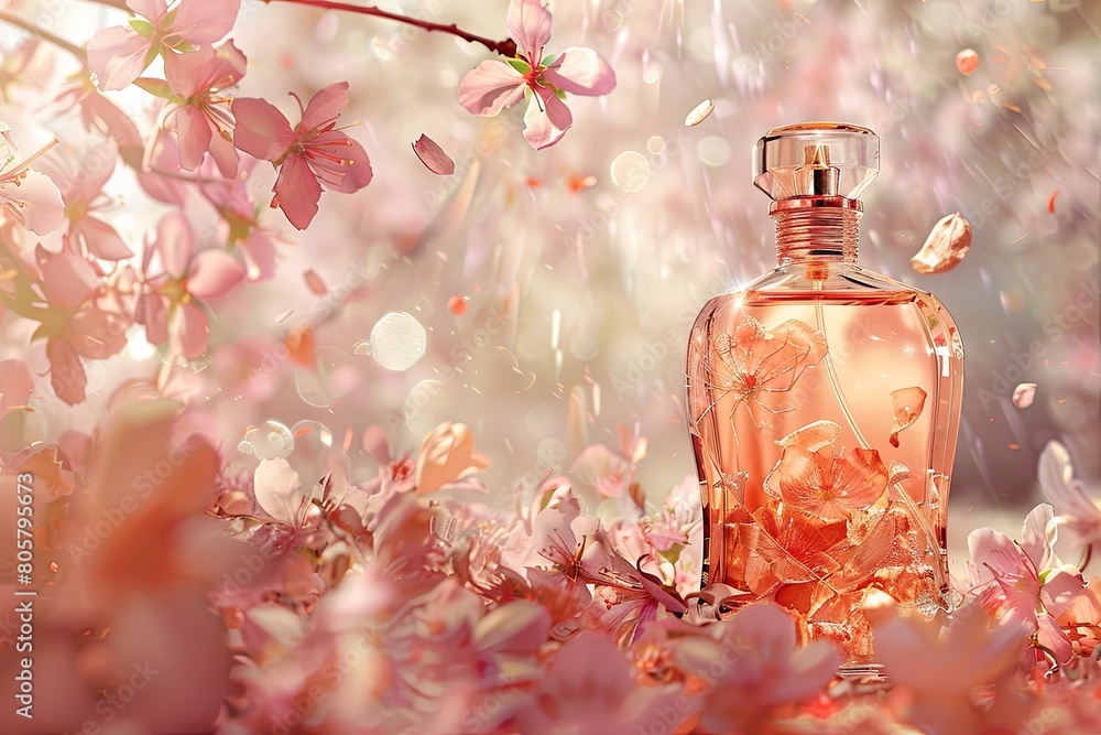 A glass bottle of perfume resting on a bed of colorful flowers in a natural setting. Generative AI A glass bottle of perfume resting on a bed of colorful flowers in a natural setting. Generative AI