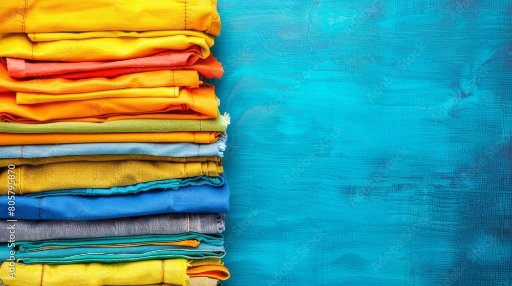   A stack of folded, unc buttons Clothes against a blue background Text or Image space available