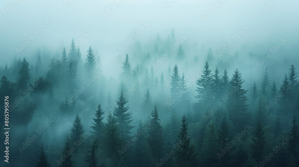   A fog-laden forest teems with numerous trees in the foreground, birds fly above, scattered in the background