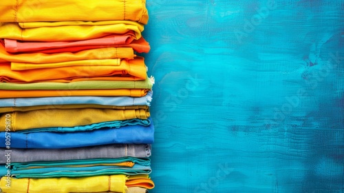   A stack of folded, unc buttons Clothes against a blue background Text or Image space available photo