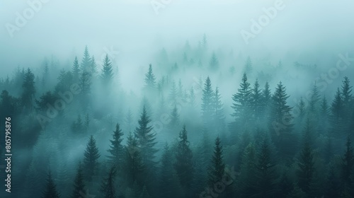   A fog-laden forest teems with numerous trees in the foreground, birds fly above, scattered in the background © Mikus