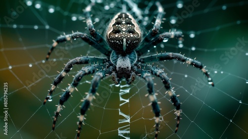  A tight shot of a spider's web, adorned with water droplets, against a softly blurred backdrop