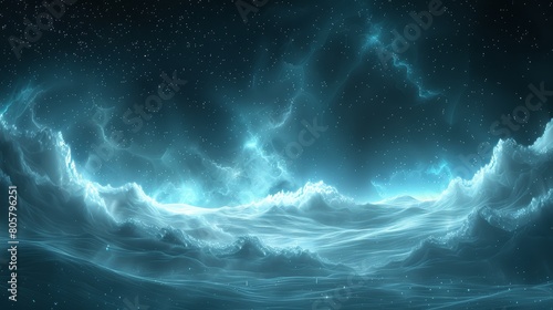   A painting of a wave in the ocean beneath a star-studded night sky with a full moon